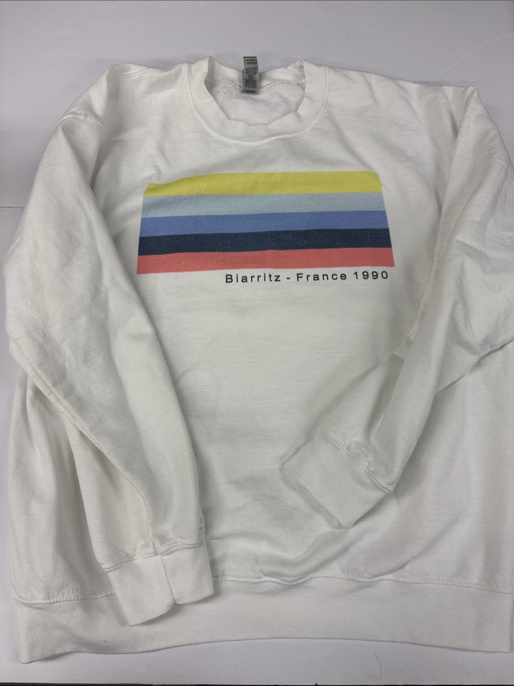 Gildan White Crewneck Sweatshirt with Yellow, Light Blue, Navy and Coral Stripes